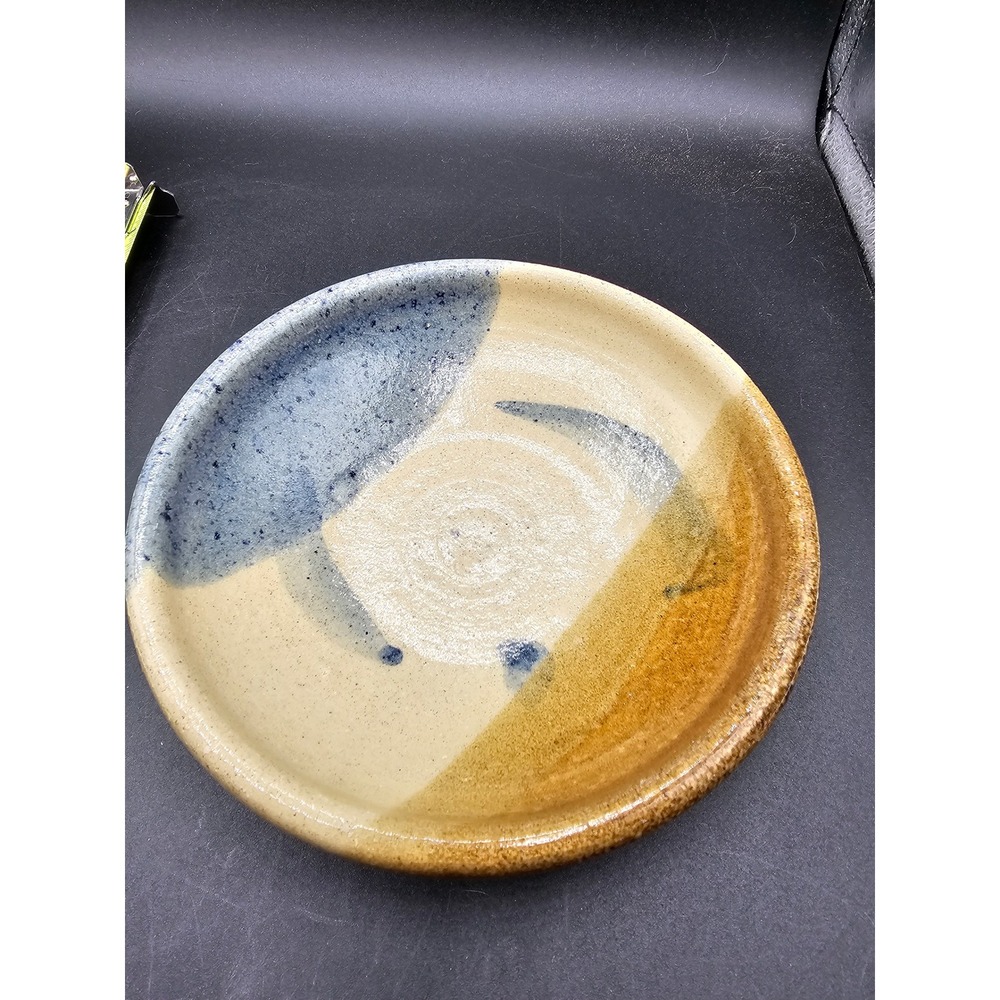 Studio Pottery Hand Thrown Ceramic Small Plate Trinket Dish Blue Brown Signed 19